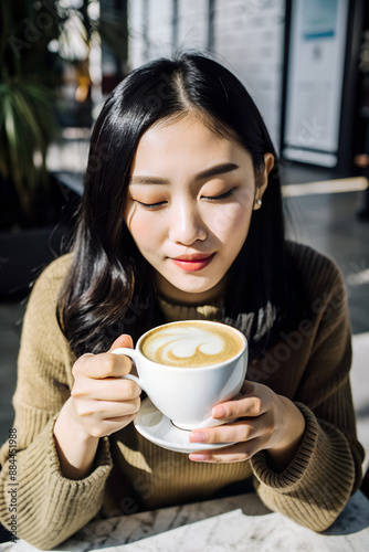 lifestyle of beautiful Asian woman drinking hot, fragrant coffee