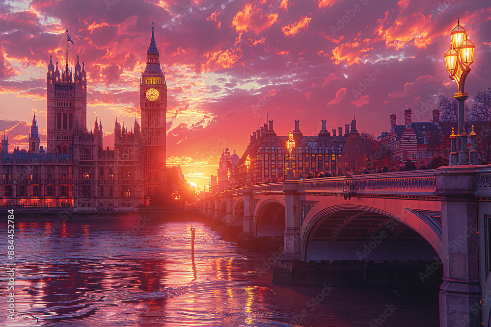Fototapeta premium London's iconic Big Ben and Westminster Bridge at sunset, with vibrant sky colors reflecting on the Thames River