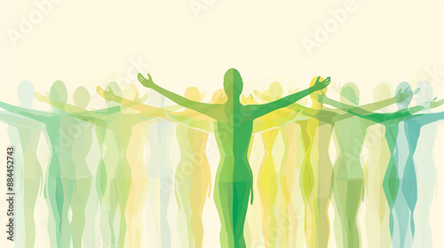 A figure with open arms in light green , linear human silhouettes in different shades, simple illustration