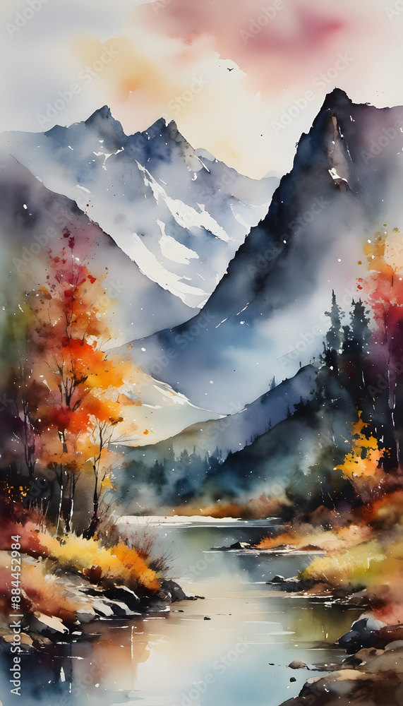 Fototapeta premium A serene watercolor painting of a mountainous landscape with a calm lake in the foreground. The scene features peaks, autumnal trees with vibrant red and orange leaves, and a partly cloudy sky.