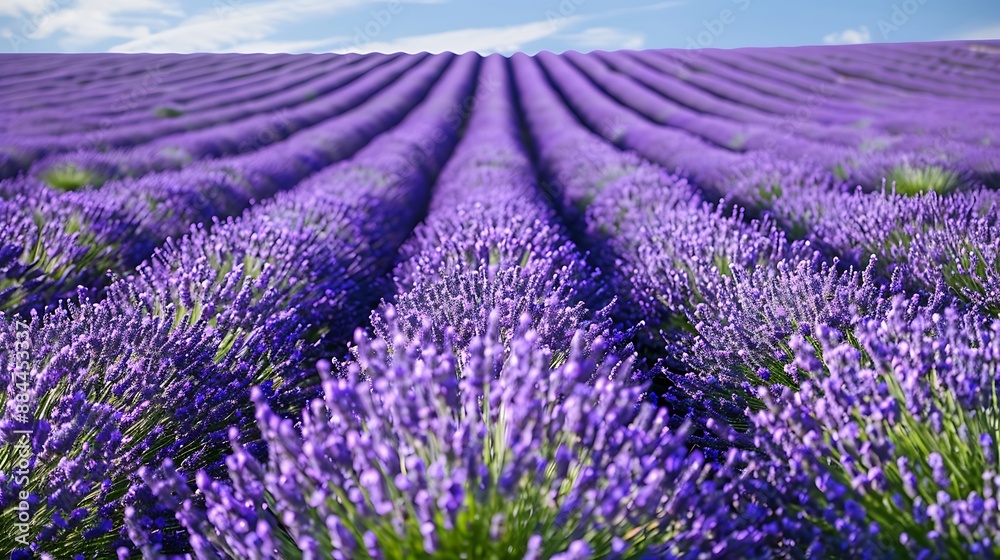 Obraz premium A beautiful lavender field in full bloom, with rows of purple flowers extending to the horizon under a bright, cloudless sky.