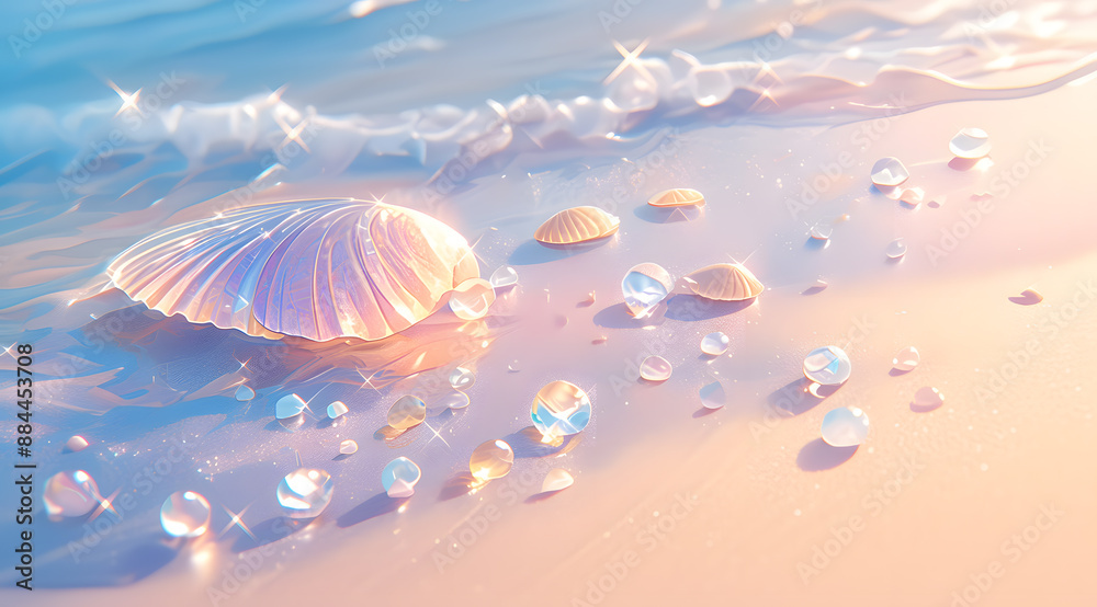 Summer illustration with beach, seashells, pebbles, sand and blurred background Summer illustration with beach, seashells, pebbles, sand and blurred background
