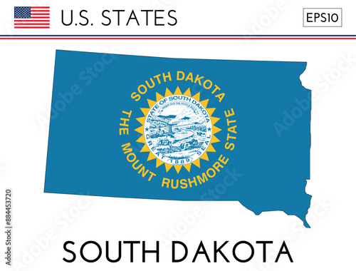 South Dakota USA state map shape with flag. Map of South Dakota in the South Dakota flag colors. Outline map filled with its flag colors. Vector illustration.