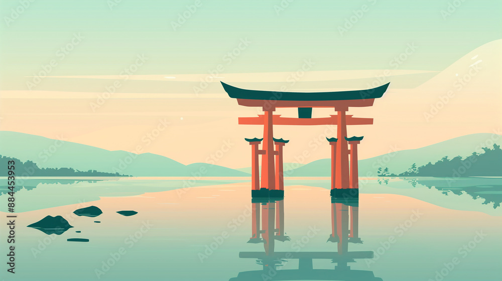 A torii gate standing in water , minimalist illustrations in Asian style A torii gate standing in water , minimalist illustrations in Asian style