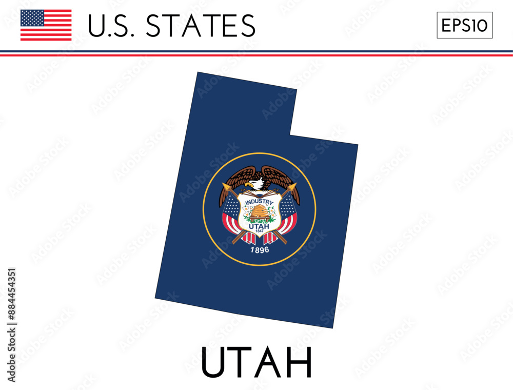 Utah USA state map shape with flag. Map of Utah in the Utah flag colors ...