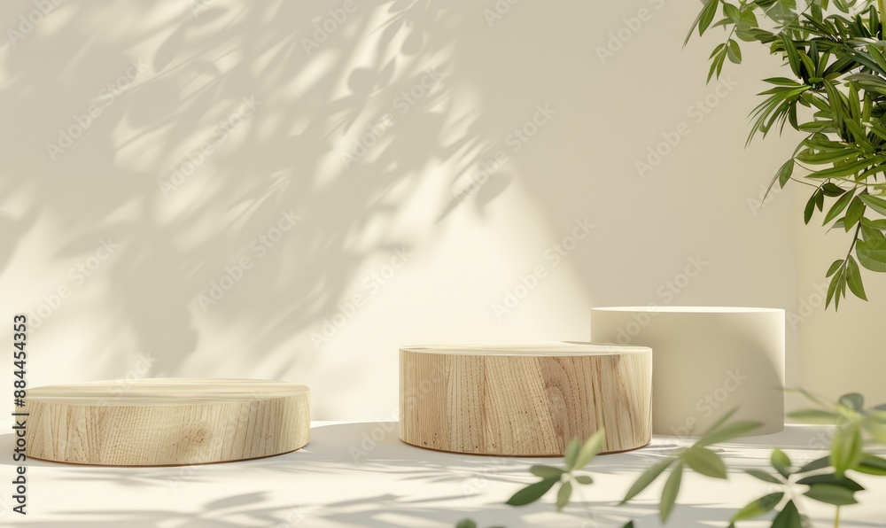Minimalistic Product Display with Wooden Platforms and Green Foliage