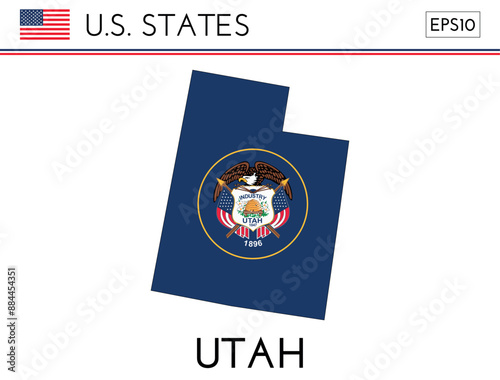 Utah USA state map shape with flag. Map of Utah in the Utah flag colors. Outline map filled with its flag colors. Vector illustration.