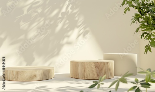 Obraz na płótnie Minimalistic Product Display with Wooden Platforms and Green Foliage w salonie