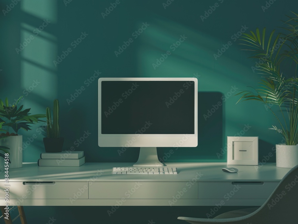 A computer monitor placed on a white desk, perfect for work or office settings A computer monitor placed on a white desk, perfect for work or office settings