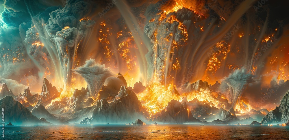 Photo illustration of a large explosion that became a sea of fire and thick smoke Photo illustration of a large explosion that became a sea of fire and thick smoke