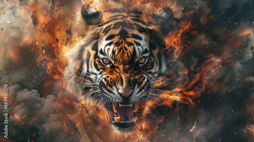 An intense and powerful scene featuring a roaring tiger breaking through flames and smoke, emphasizing the raw strength and untamed nature of the beast, in a dramatic visual. photo