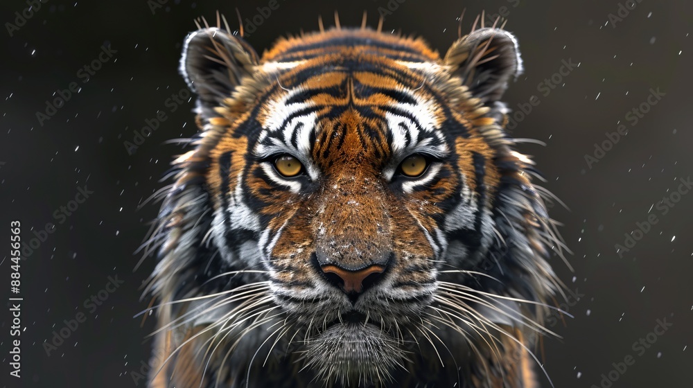 Naklejka premium A captivating tiger's face with droplets of rain adorning its fur, staring straight ahead with piercing eyes, symbolizing resilience and a focused, unwavering gaze.