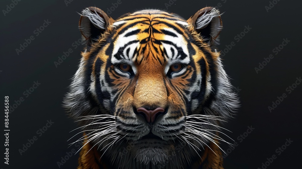 Naklejka premium A striking portrait of a tiger looking intensely ahead, showcasing its powerful and commanding presence, with detailed fur and captivating eyes signifying strength and dignity.