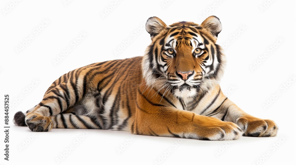 Naklejka premium A tiger lying down calmly while basking in the sunlight, with a serene expression, epitomizing strength, royalty, and the beauty of nature in a realistic portrayal.