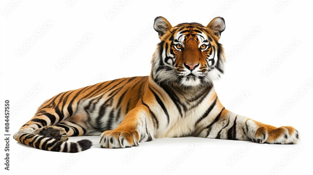 Fototapeta premium An awe-inspiring image of a majestic tiger reclined, reflecting its grandeur and strength, the picture beautifully captures its detailed stripes and powerful build.