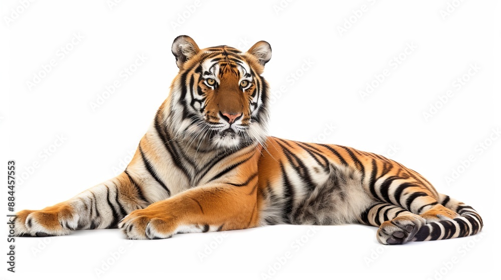 Naklejka premium A mesmerizing photograph of an elegant tiger at rest, displaying its intricate fur patterns and powerful presence, making it a perfect piece for wildlife lovers and photographers.