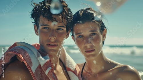 A pair of people standing together on the beach, enjoying the sunny day #884457729