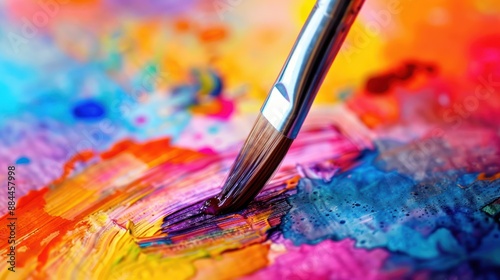 A close-up view of a paintbrush dipped in vibrant watercolor paint, creating a splash of color on a blank canvas