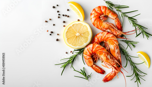 Red cooked prawn or shrimp with rosemary and lemon isolated on white background with copy space for your text. Top view. Flat lay photo