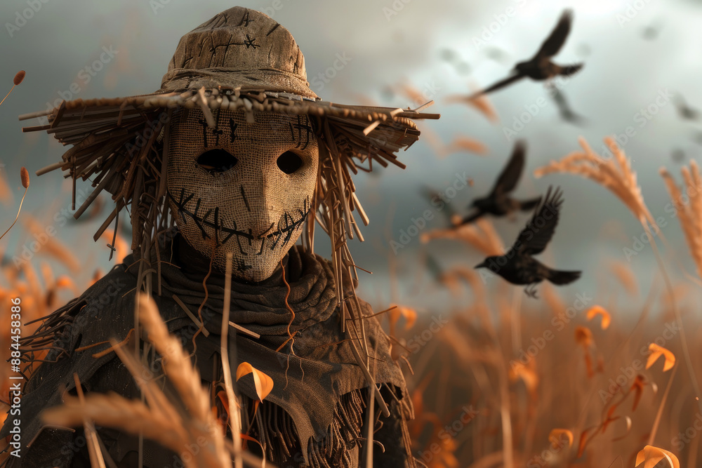 Naklejka premium Scarecrow with crows in autumn field, 3D textures, warm tones