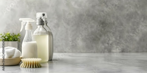 Natural nontoxic home cleaning products made from natural ingredients. Concept Eco-Friendly Cleaning Products, Natural Home Cleaners, Non-toxic Ingredients, Homemade Cleaning Supplies photo