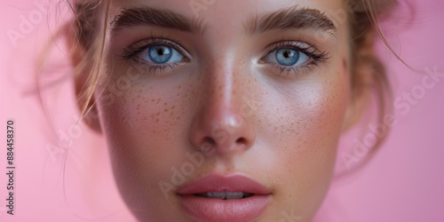 Close-up portrait of a woman with freckles on her face, suitable for beauty or lifestyle use