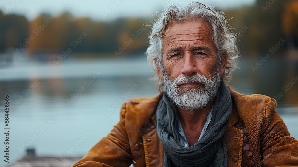 A man is sitting on a dock by a lake, looking out at the water A man is sitting on a dock by a lake, looking out at the water