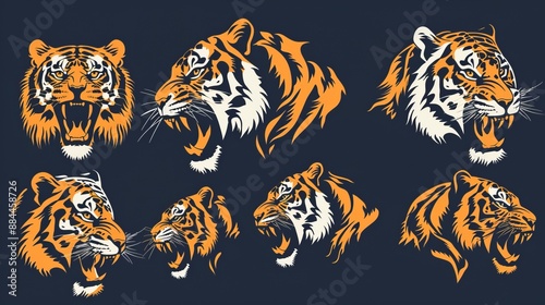 A collection of tiger head illustrations displayed in various side and front roaring poses, capturing the intensity and power of the tigers in vibrant colors. photo