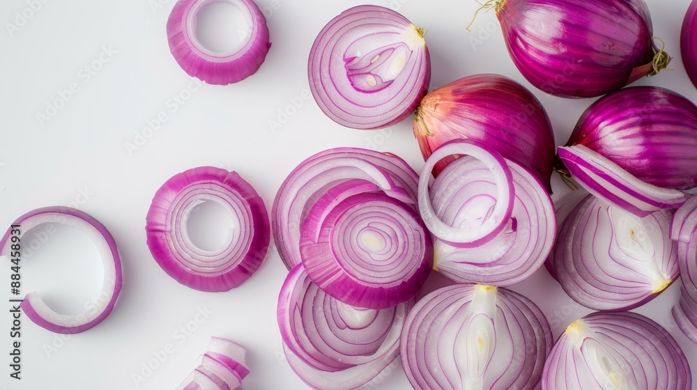 Macro shot of sliced red onions on a clean white background, emphasizing fine details and color contrast, sharp focus, focus cover all object, deep dept of field Macro shot of sliced red onions on a clean white background, emphasizing fine details and color contrast, sharp focus, focus cover all object, deep dept of field