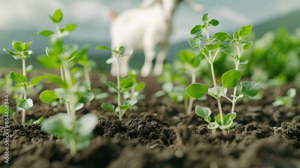 Macro shot of herbs being planted in eco-conscious environment, rich soil textures, goat in the background, vivid colors, high-res, focus cover all object, deep dept of field Macro shot of herbs being planted in eco-conscious environment, rich soil textures, goat in the background, vivid colors, high-res, focus cover all object, deep dept of field