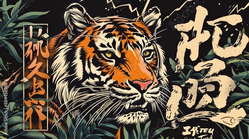 An illustration of a tiger in a jungle setting, rendered with dynamic and bold lines. The image captures the tiger's fierce expression amidst a backdrop of dense foliage and traditional motifs.