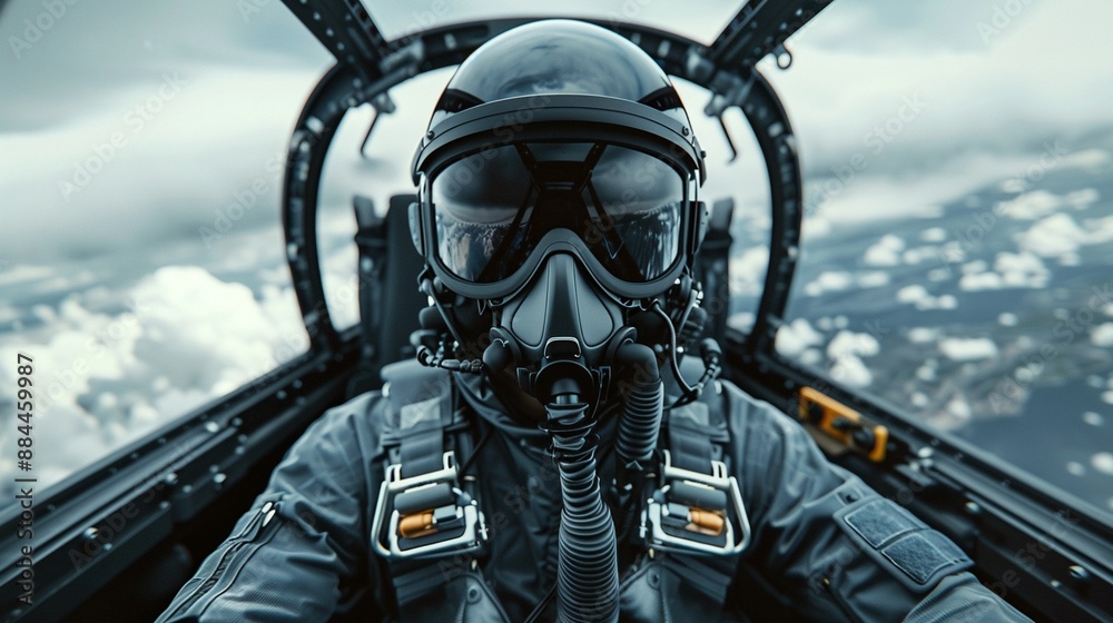 A pilot in a flight suit and oxygen mask, navigating through a stormy sky in a hightech cockpit, Aviation, Cool Colors, 3D Render A pilot in a flight suit and oxygen mask, navigating through a stormy sky in a hightech cockpit, Aviation, Cool Colors, 3D Render