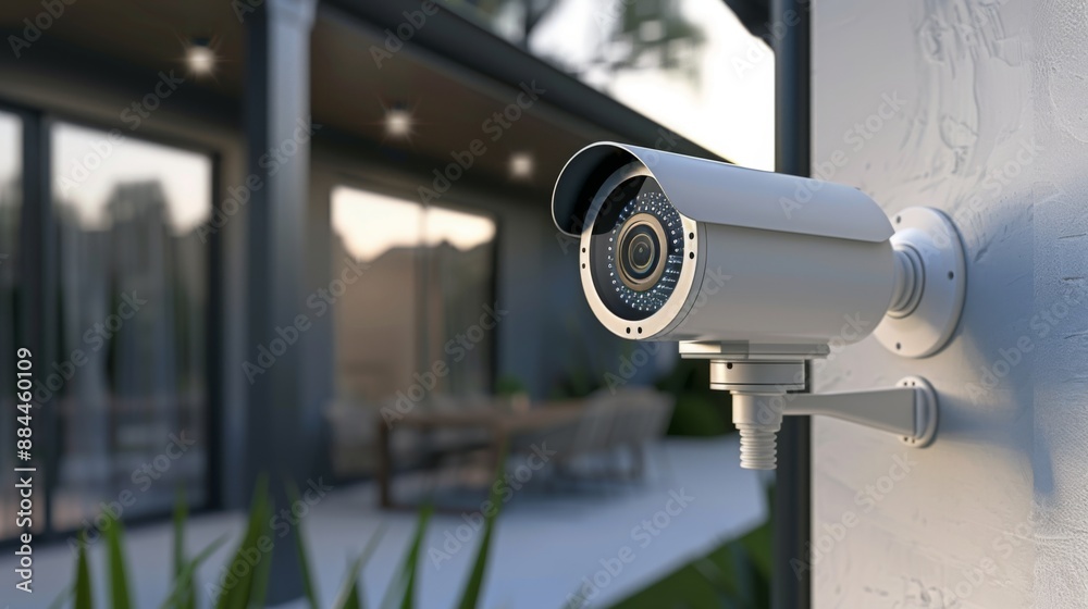 A modern CCTV camera with infrared night vision capabilities, installed outdoors. A modern CCTV camera with infrared night vision capabilities, installed outdoors.