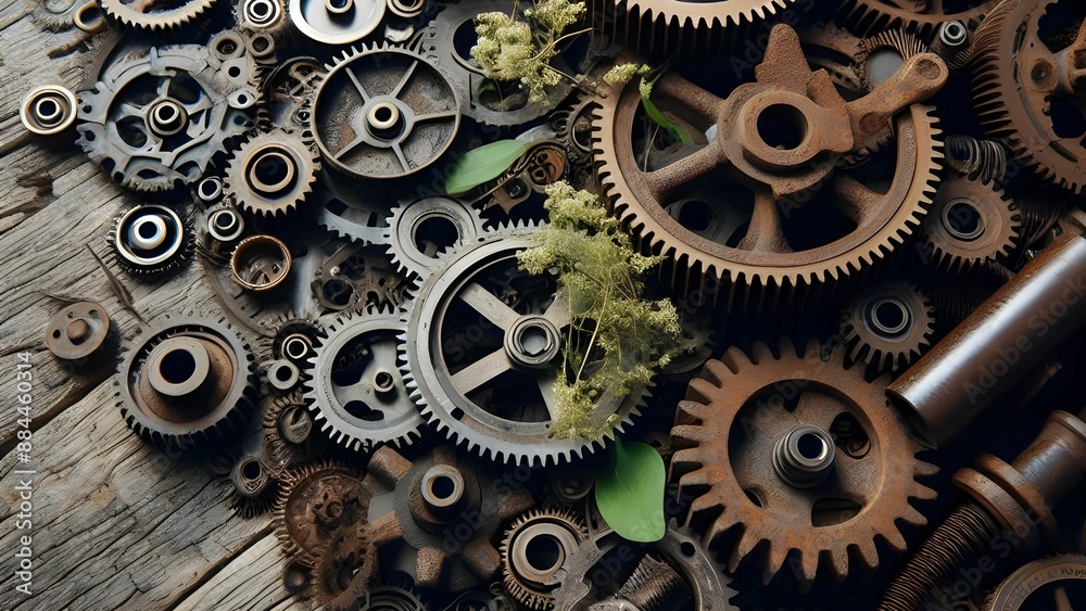 Large, rusty old gears in the jungle, obsolete and filled with weeds and mushrooms, with the sun's rays falling on them Large, rusty old gears in the jungle, obsolete and filled with weeds and mushrooms, with the sun's rays falling on them