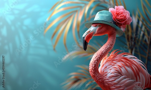 A pink  wearing a flowered hat against a blue wall and a coconut leaf background