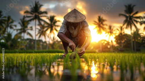Farmer Working in Rice Paddy Field at Sunset.