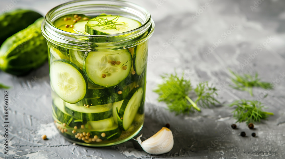 Freshly prepared cucumber pickles in a glass jar, garnished with dill and garlic, perfect for homemade and artisanal culinary themes. Freshly prepared cucumber pickles in a glass jar, garnished with dill and garlic, perfect for homemade and artisanal culinary themes.