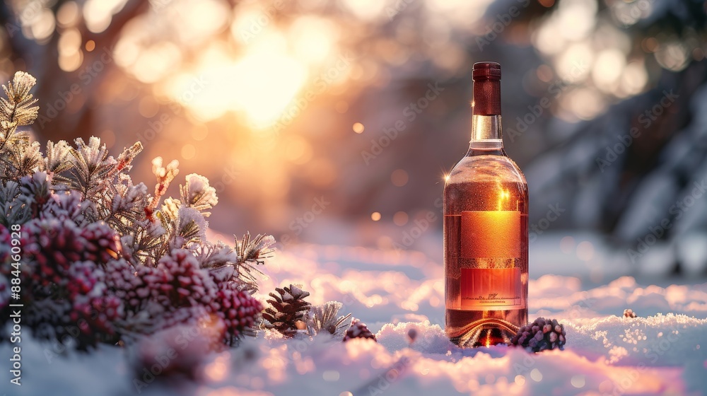 A bottle of wine is sitting on a snowy ground A bottle of wine is sitting on a snowy ground
