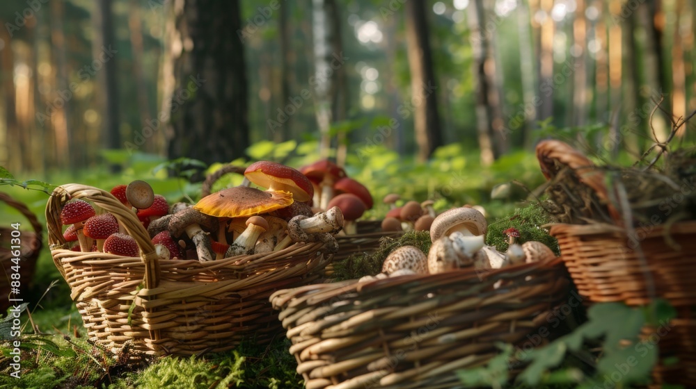 A mushroom foraging expedition in a lush green woodland, with baskets filled with various fungi. A mushroom foraging expedition in a lush green woodland, with baskets filled with various fungi.