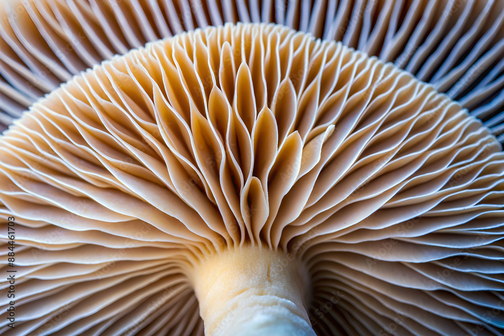 A close up of a mushroom's stem, showing the intricate and delicate patterns of its texture. The focus is on the stem, which is the central part of the mushroom, and it is the most interesting