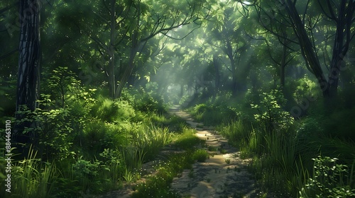 dense forest backdrop, with dappled light filtering through the leafy canopy above