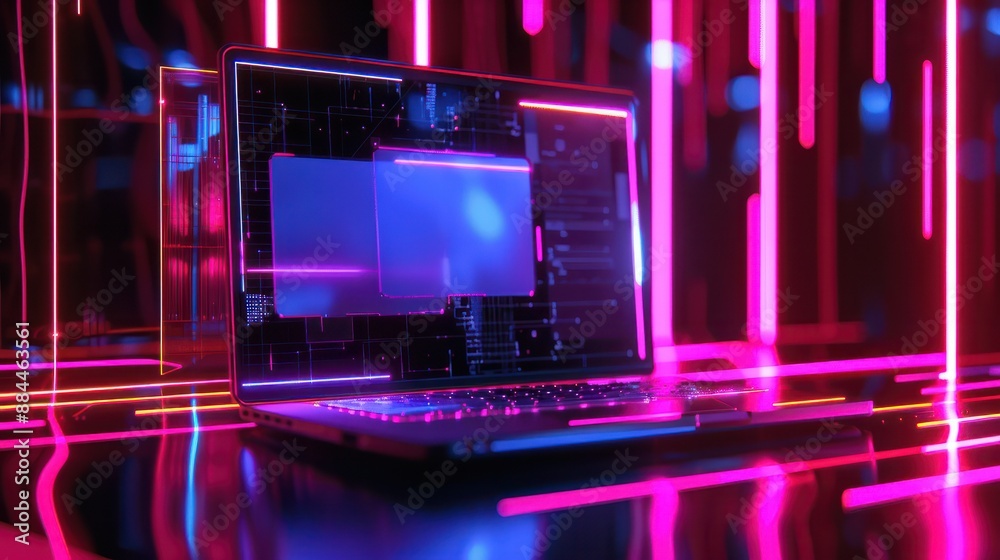 Obraz premium Futuristic illustration about computer technology with a laptop in neon colors. For cover backgrounds, wallpapers and other modern projects. Generated with AI