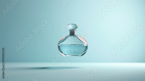 Elegant perfume bottle levitating against a light blue background, showcasing luxury and sophistication.