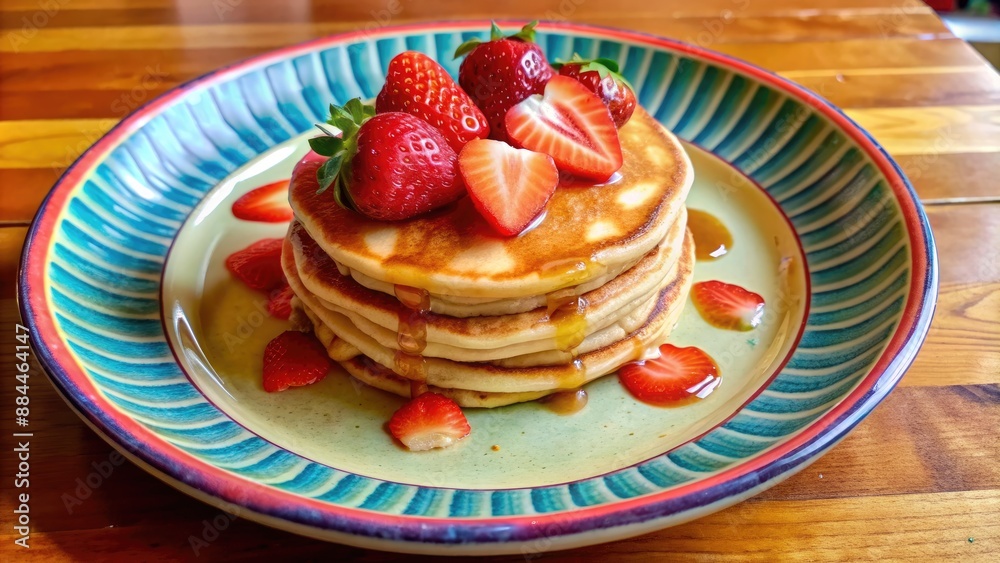 Stack of pancakes topped with fresh strawberries. Stack of pancakes topped with fresh strawberries.