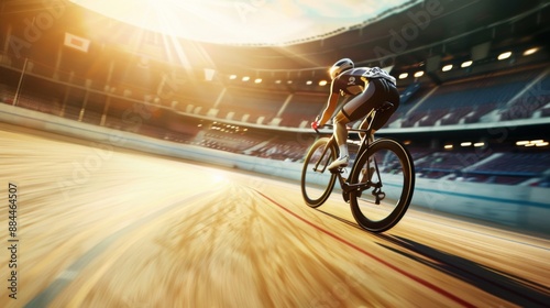 A professional cyclist racing on a velodrome track during a competitive event.