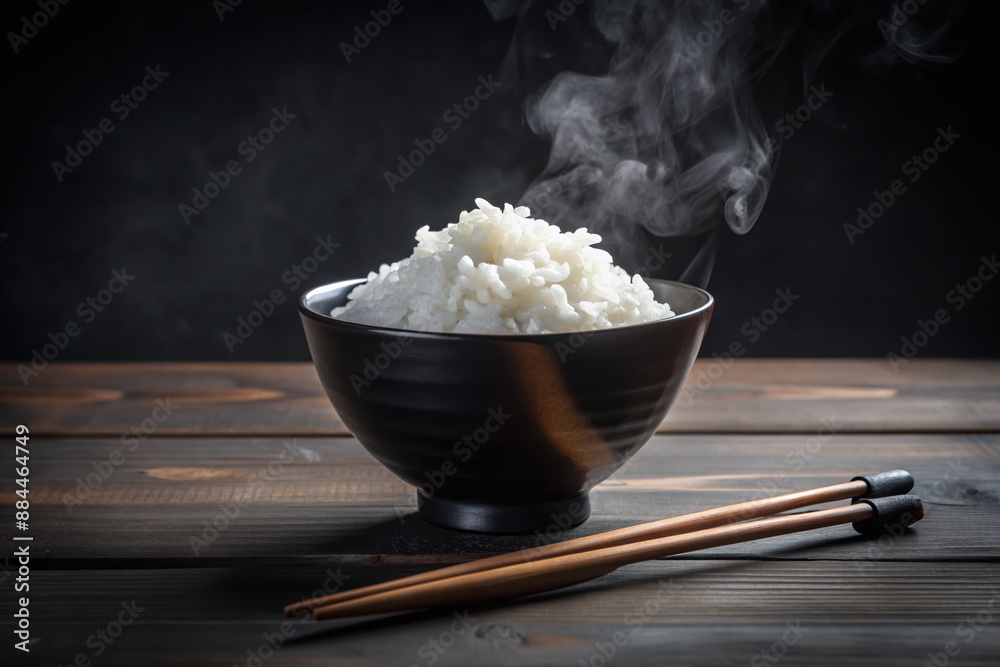 Steaming hot Japanese white rice fills a black bowl, accompanied by a single chopstick, set against a stark black background, evoking simplicity and serenity.