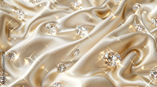 Elegant diamonds scattered on luxurious gold silk fabric, sparkling and creating a glamorous, opulent background perfect for luxury and fashion concepts