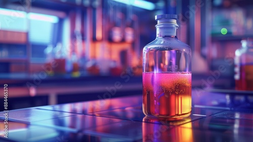 Interesting background illustration of a chemical bottle on lab with colorful liquids in it