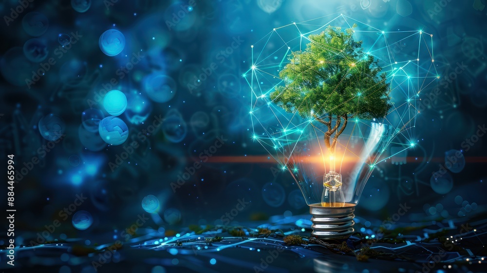 Obraz premium Lightbulb with a tree growing on it. Technology convergence as well as digital convergence. Background of the network and blue light. Concepts for CSR, green technology, green computing, and IT ethics
