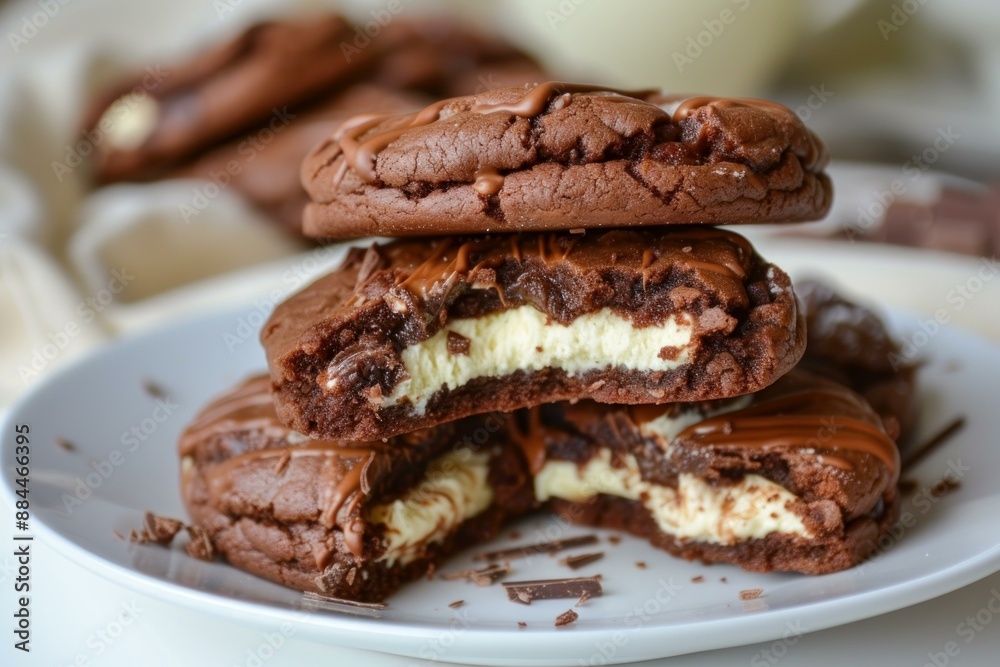 Delicious chocolate cookies with melted filling on a white plate, perfect for dessert Delicious chocolate cookies with melted filling on a white plate, perfect for dessert